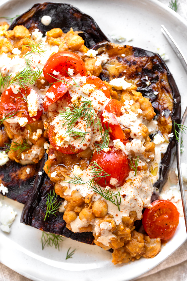 Grilled Eggplant with Spicy Chickpeas | thecozyapron.com