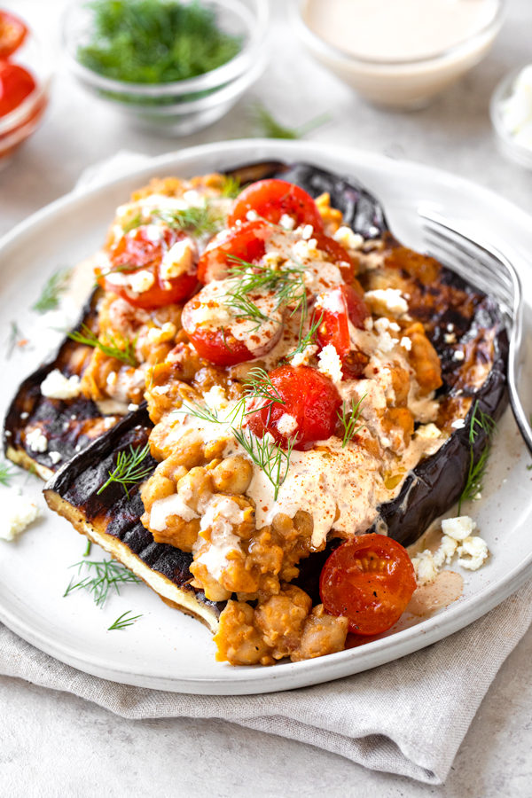 Grilled Eggplant with Spicy Chickpeas | thecozyapron.com