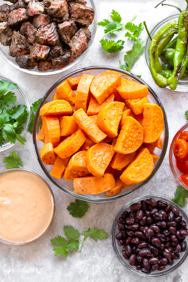 Ingredients for Sweet Potato Bowl with Carne Asada | thecozyapron.com