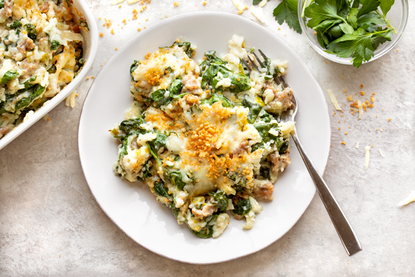 Spinach Gratin with Sausage and Rice