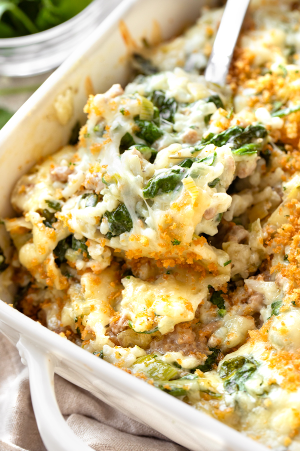 Spoonful of Spinach Gratin with Sausage and Rice | thecozyapron.com