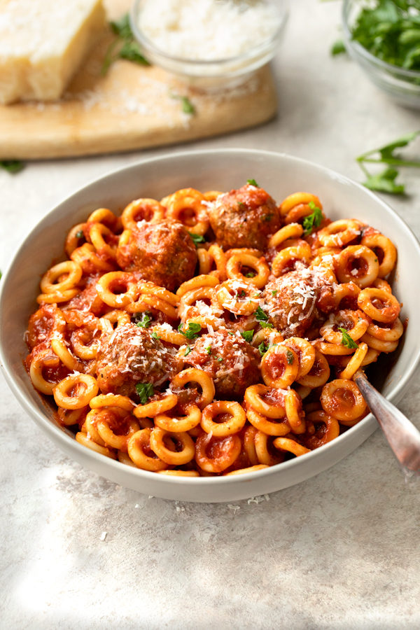 Bowl of Homemade Spaghettios with Mini Meatballs | thecozyapron.com