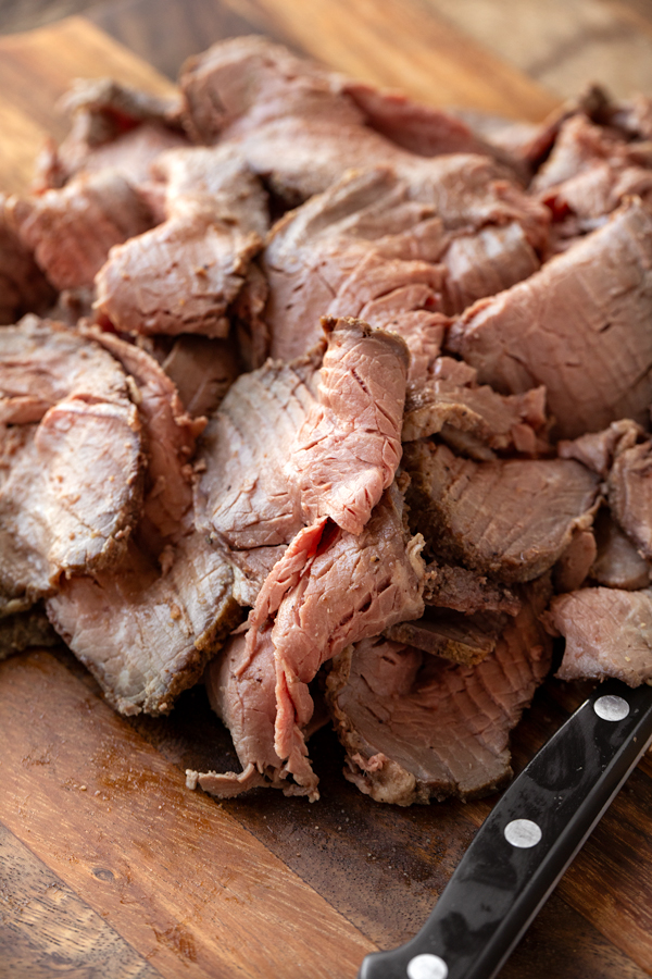 Sliced, Homemade Roast Beef for a Roast Beef Sandwich with Cheddar Sauce | thecozyapron.com