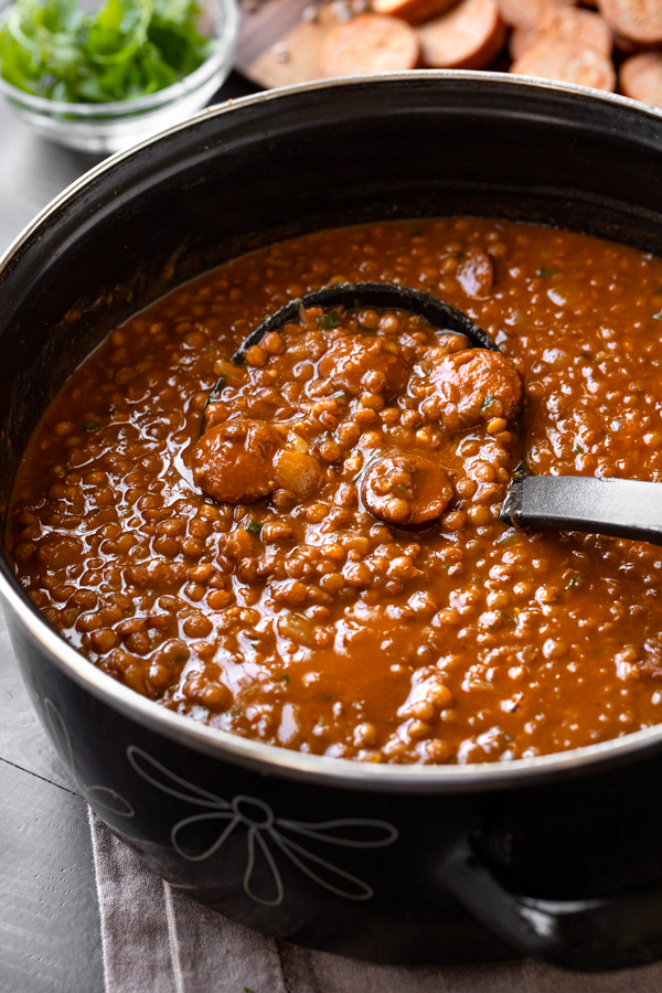 Pot of Sausage and Lentil Soup | thecozyapron.com