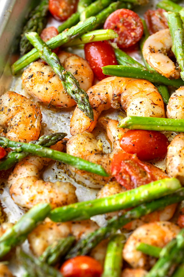 Closeup on Sheet Pan Shrimp fresh out of the oven | thecozyapron.com